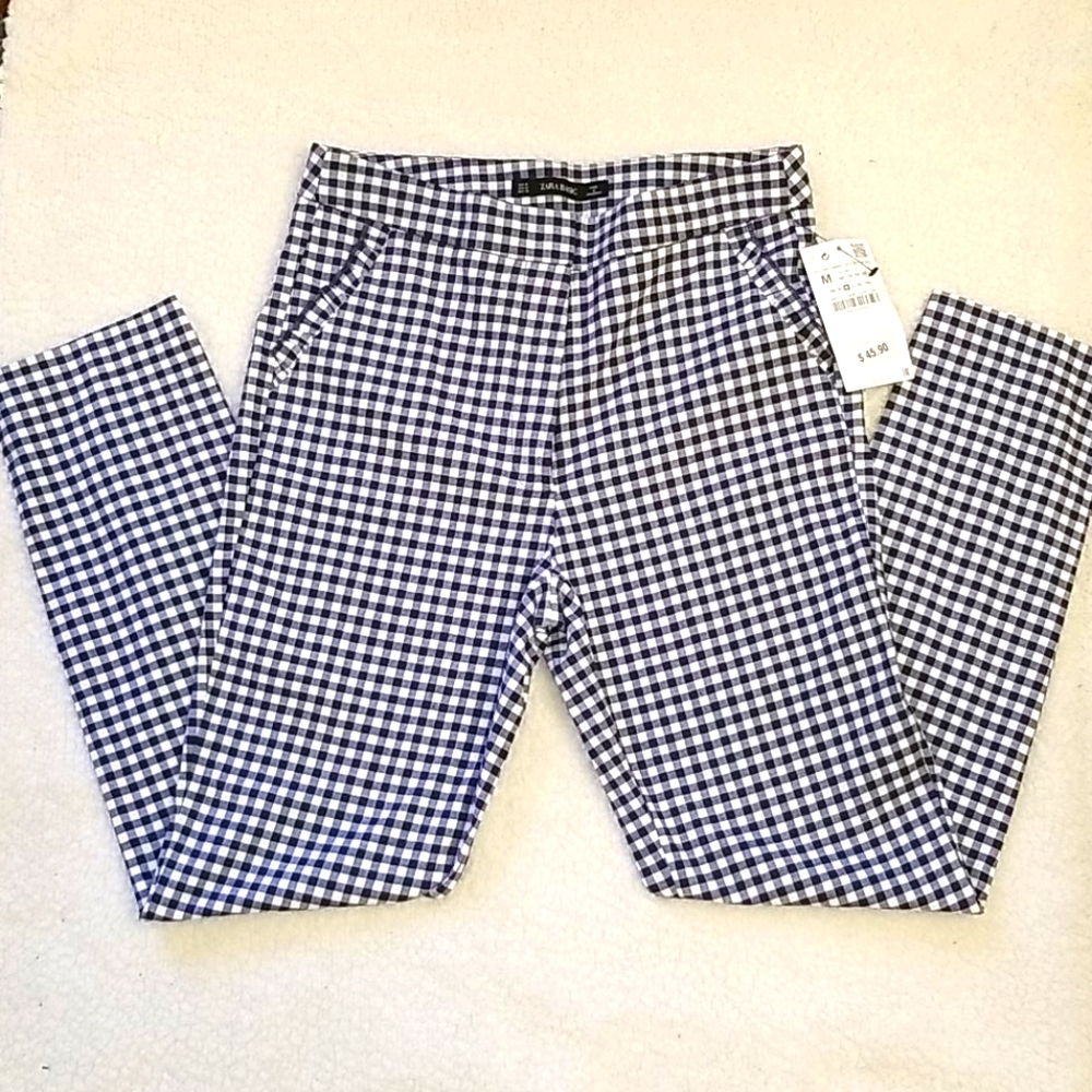 NWT ZARA BLue & White Checkered Pants